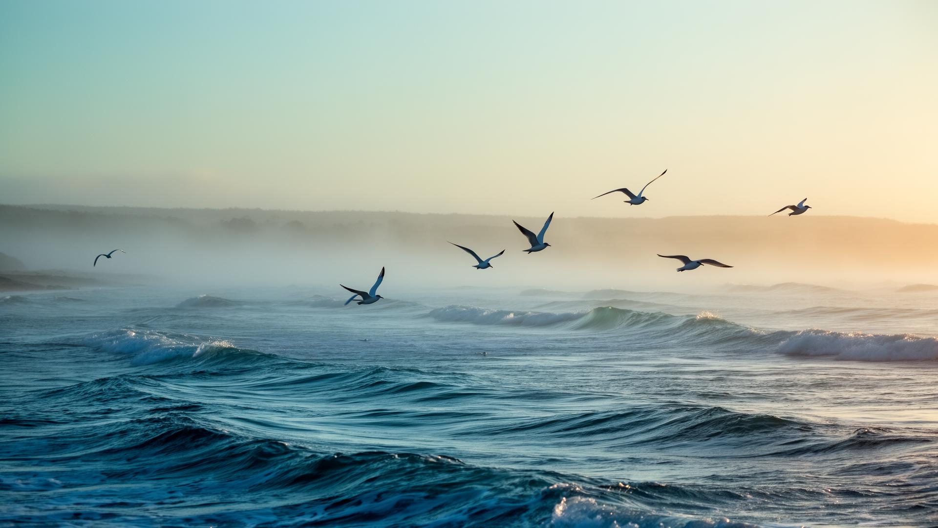Seabirds in flight over a misty coastline